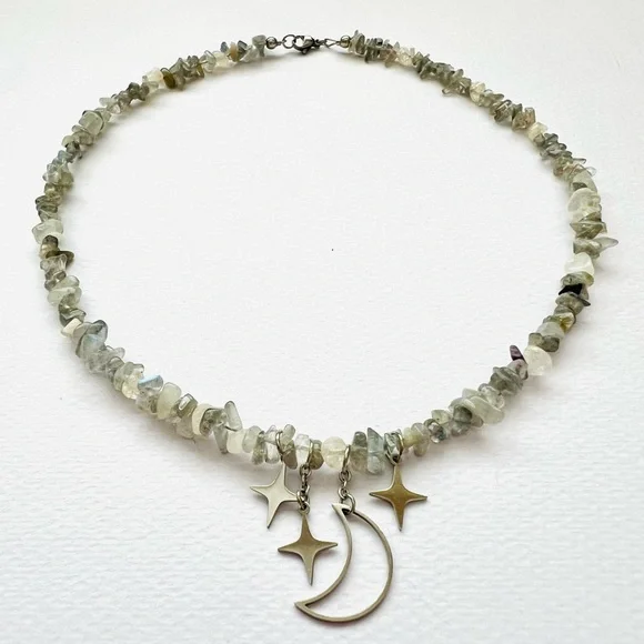 Starry Night natural gemstone lapis lazuli moonstone beads statement necklace - Picture 6 of 10